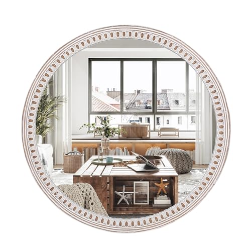 24 inches Decorative Round Wood Mirror with Bead, Rustic Farmhouse Circle Mirrors for Wall Decor, Living Room, Entryway, Bathroom Over Sink