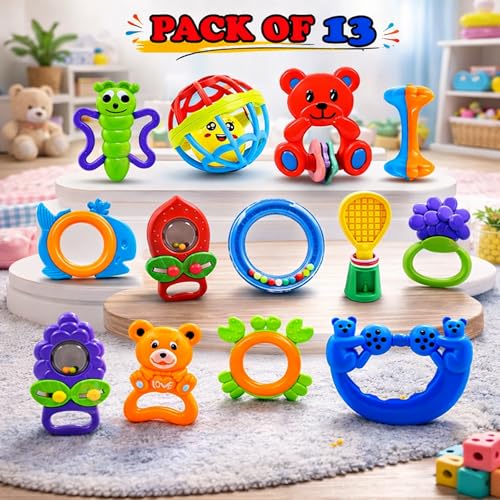 Image of WISHKEY Plastic Colorful Non Toxic BPA Free Shake & Grab Rattles and Soothing Teethers for Babies & Infants, Early Age Toys for Kids (Pack of 13, Multicolor)