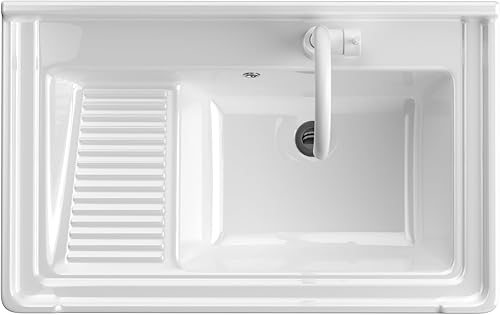 Miniatura 8 de Fregadero de lavandería independiente, fregadero de cerámica con tabla de lavar y grifo, bañera de lavandería para lavandería, garaje, sótano,