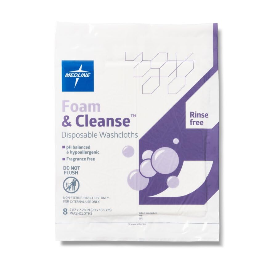 Medline Foam & Cleanse Rinse-Free Disposable Wipes - Hypoallergenic, Fragrance-Free, 8-Pack