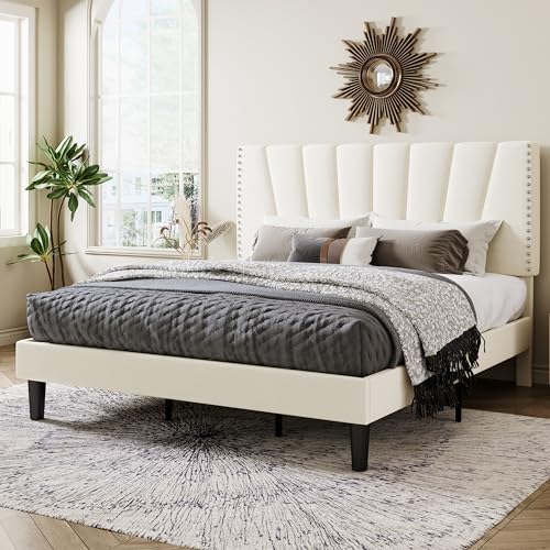 Image of Allewie King Size Velvet Platform Bed Frame with Adjustable Headboard Cream | Height-Adjustable Velvet Headboard, Rivet-Style Nailhead Trim, Wooden Slat Support, No Box Spring Needed, Easy Assembly