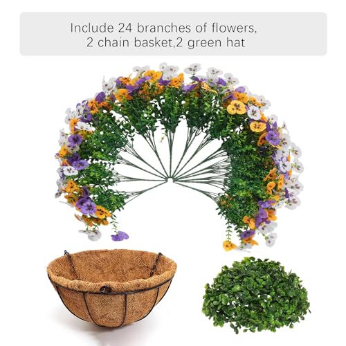 Image of 2 Set Artificial Hanging Flowers with Basket for Outdoor Decor, 24 Pcs Silk Pansy Fake Plants for Garden Porch Patio Balcony Yard Home Decoration