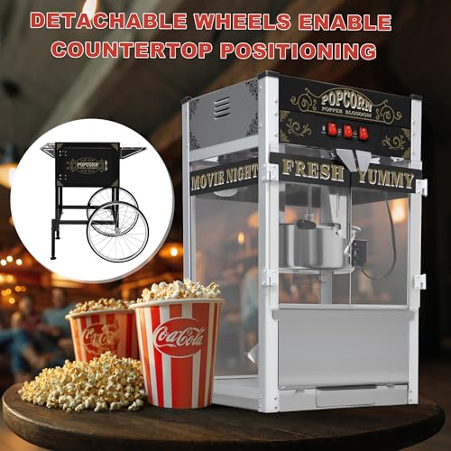 Image of Commercial Popcorn Machine with Cart & Wheels - Popcorn Maker Machine with 22OZ Stainless Steel Kettle, Pop corn Machine Maker for Home, Parties, Movie Theater, Black