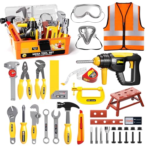 FRRJUY Kids Tool Set for Boys-Toddler Tool Set with Electronic Toy Drill & Tool Box, STEM Pretend Play Construction Toys with Costume Vest, Educational Gifts for Age 3 4 5 6 7 Year Old by FRRJUY - Used condition - US$23.23