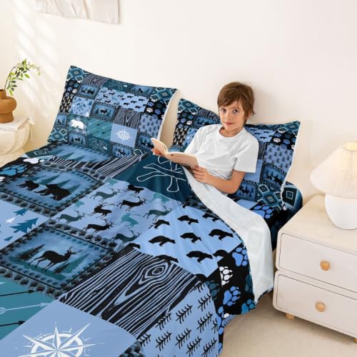Bear Sheet Set Cute Elk Print Sheets with Deep Pocket Fitted Sheet for Teens Farmhouse Wild Animals Style Bed Sheets Set Plaid Grid Geocmetric Blue Black Bedding Set 4Pcs With 1 Pillow Case Twin - Image 3