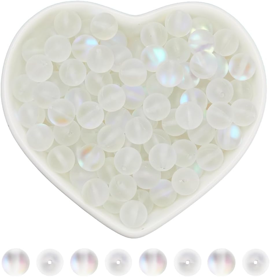 1 Box 150Pcs Matte Gray Beads Aurora Crystal Glass Beads 8mm Frosted Round Ball Mermaid Glass Moonstone Holographic Spacer Loose Bead for Jewelry Making Bracelet Necklace Supplies DIY Crafts