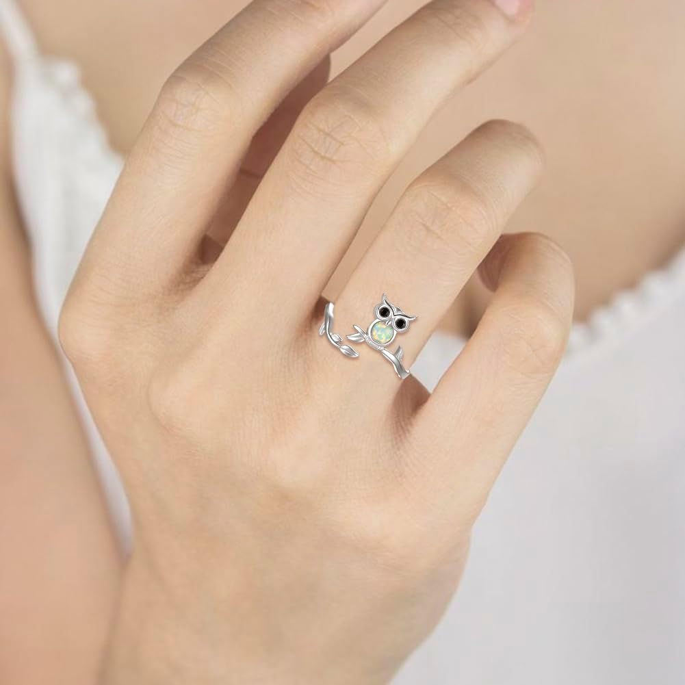 925 Sterling Silver Animal Ring - Adjustable Open Owl Axolotl Rings with Heart Cubic Zirconia Opal Cute Animals Jewelry Gifts for Women