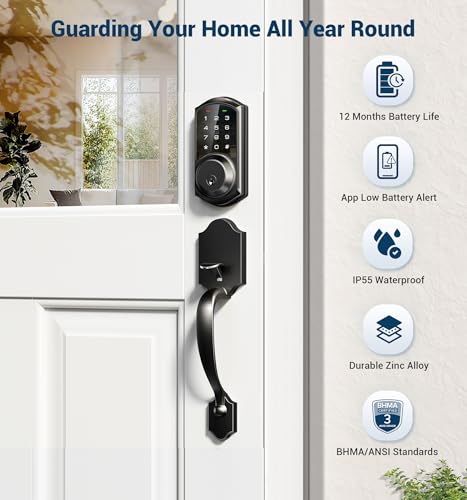 Veise VE06-H Smart Front Door Lock Set, App Control, Keyless Entry Deadbolt with Lever Handle, Electronic Digital Touchscreen Keypad, Auto Lock, Easy Install, Matte Black thumbnail 6