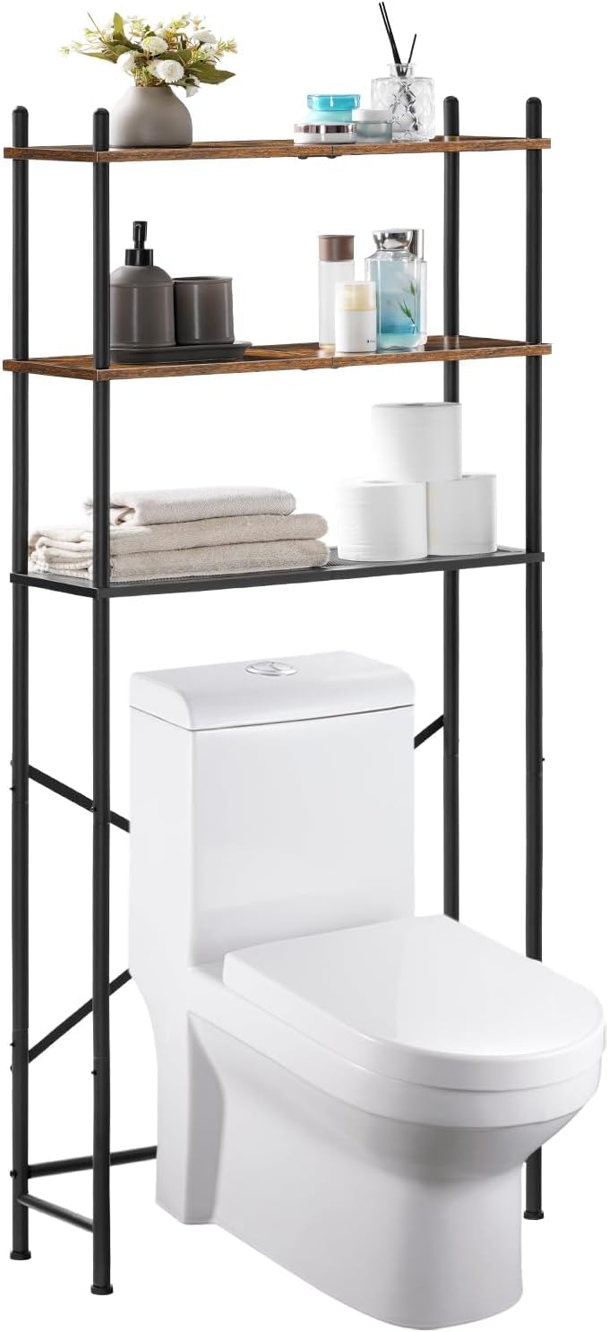 HOOBRO Étagère de Toilettes, Étagère de Salle de Bain à 3 Niveaux, Étagère WC, Étagère de Rangement, Gain de Place, pour Salle de Bain, Toilettes, Buanderie, Rustique et Noir EBF63TS01