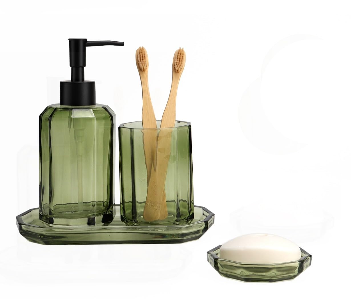 BM Set Accessori Bagno in Vetro 4 Pezzi – Dispenser Sapone, Porta Spazzolino, Vassoio e Portasapone – Design Elegante e Moderno per Bagno e Toilette (Verde)