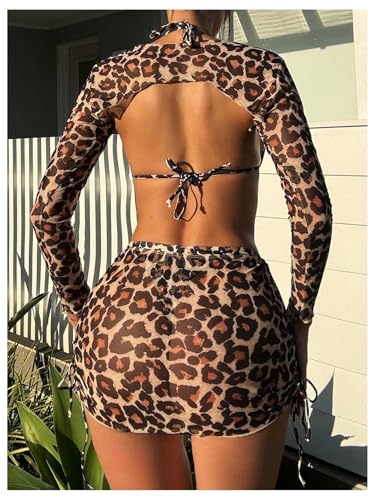Floerns Women's 4 Piece Bikini Set Leopard Halter Triangle Swimsuit with Cover Up Top and Skirts2