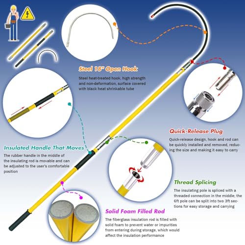 Image of 6FT Insulated Rescue Hook Withstand 66KV,UL-Certified Hotstick Rescue Hook | High Voltage Electrical Rescue Hook ASTM F711 Compliant Fiberglass Rescue Pole with 3 Style Hooks & 10KV Insulated Gloves