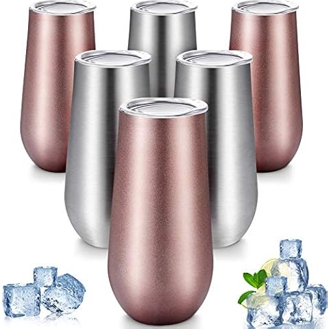 6 Pieces Stemless Champagne Flutes Double-insulated Champagne Tumbler with Lips, 6 OZ Stainless Steel Unbreakable Cocktail Cups for Coffee Wine Glass Tumbler (Rose Gold, Silver) Cover