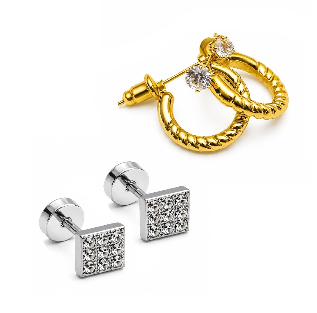 Combo of Men Silver Square & Golden Rope Style with Stone Pairs Ear Earrings Designer Hoop Stud Combo Daily Styling-image-46