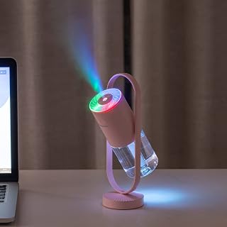桌面加湿器 超声波式 小型 200ml USB供电 七色LED灯 人气 小巧 静音 防空烧 角度可调 卧室 车载时尚 3把吸收性棉棒(粉色)