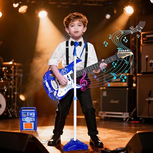 iMeshbean Guitar and Microphone Play Set for Kids,Adjustable Height Microphone with Stand,Electric Guitar Microphone Amplifier Set Karaoke Musical Instruments for Kids Girls Boys (Bule)