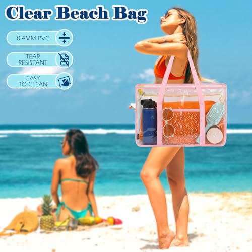 Image of Fammart Clear Beach Bag for Women, Large Pool Tote Cruise Vacation Essentials - Zipper Closure, Waterproof, Sandproof