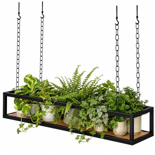 KiroArt Ceiling Hanging Shelf, Hanging Plant Shelf with Adjustable Hanging Chains, Solid Pine Wood and Metal Frame for Kitchen Island, Balcony, Home Bar Decor, 39.4