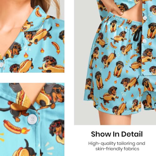 Image of Funny Satin Pajamas Set for Women Button Down Sleepwear Print Pjs Set 2 Piece Short Sleeve Loungewear Gift for Women
