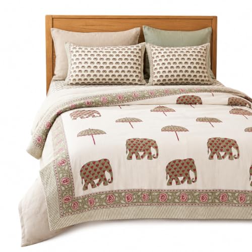 Image of Premium Bedsheet with 2 Pillow Covers I Hand Block I Pure & Soft Percale Cotton I 300 TC I 90x108 inches (King Size Double Bed Luxury Bedcover) I Elephant Print I Pink & Green