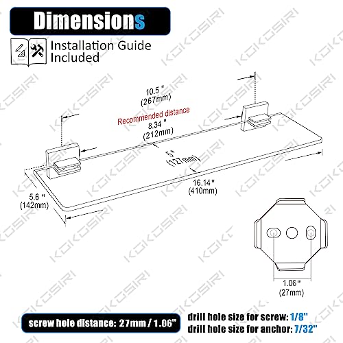 KOKOSIRI Wall Shelves Floating Bathroom Glass Shelf for Kitchen Storage, 16'' x 5.6'' Tempered Glass Wall Mounted Brushed Stainless Steel B1106BR-L16