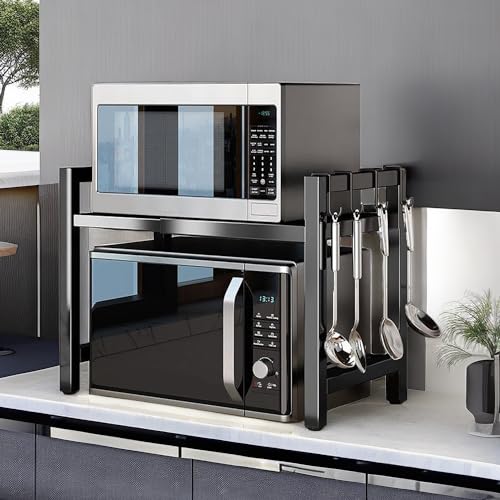 PKOUVOO Estante Extensible para Microondas,Soporte Extensible 40-65 cm,Estanteria para Microondas Encimera,para Encimera Estanteria Mueble con 4 Ganchos (negro) - imagen 2