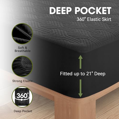 HYLEORY Queen Size Waterproof Mattress Protector Cooling Mattress Pad Cover Breathable Soft 3D Air Fabric Noiseless Washable Fitted Sheet with Deep Pocket Up to 21\" Black