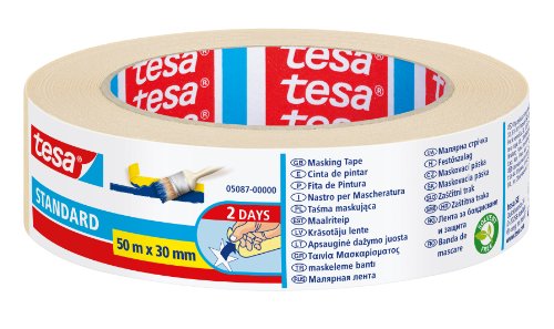 tesa Cinta de Pintar STANDARD, Cinta de Pintor, Removible Sin Residuos hasta 2 Días Después, Sin Disolventes, Ancha, 50 m x 30 mm