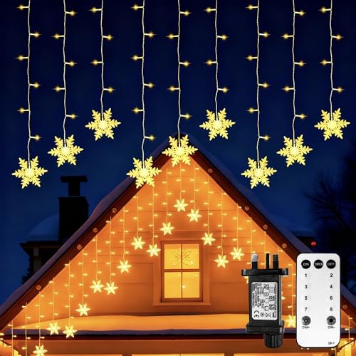 Lustaled Icicle Christmas Lights Outdoor Indoor, 11.5FT 96 LED Snowflake Curtain Light, IP44Waterproof, Warm White with Remote, 8 Modes Timer, Dimmable Fairy String Lights for Roof,Window,Patio