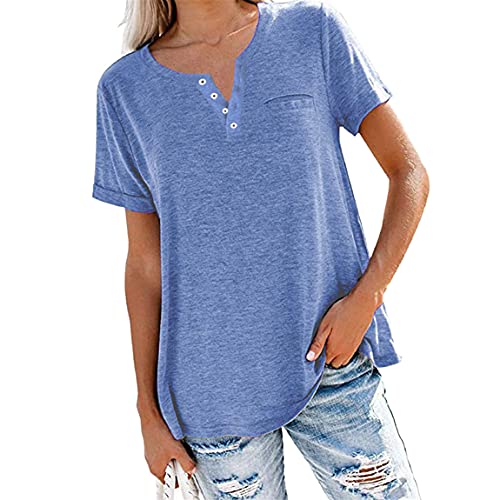 NIUYAN Damen T-Shirt V-Ausschnitt Sommer Kurzarm Tshirt Taste Einfarbig Elegant Blusen Oberteile T-Shirt Damen Sommer Basic Kurzarm Shirt Elegant Oberteile Freizeit Tuniken Tops mit Button Cover