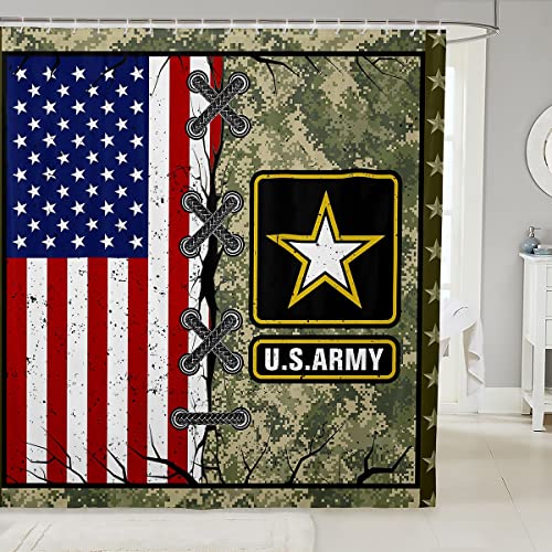 American Flag Bath Curtain For Adult Boys Army Green Camo Waterproof Shower Curtain Kids Men Vintage Usa Flag Bathroom Decor,Youth Girls Retro Military Camouflage Grunge Stripes Curtain,72" W X 78" L #TOP1