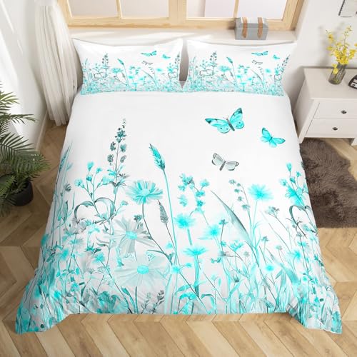 Homemissing Parure de lit avec housse de couette et 2 taies d'oreiller à motif de fleurs bleu...