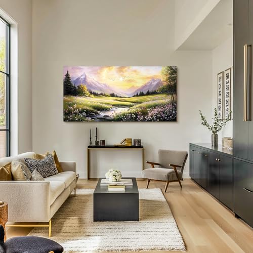 crmotu Landscape Wall Art, Mountain Wall Art, Countryside Scenic Canvas Prints, Nature River Wildflower Spring Oversized Paintings for Living Room Bedroom Dining Room Farmhouse Cottage 30x60inch