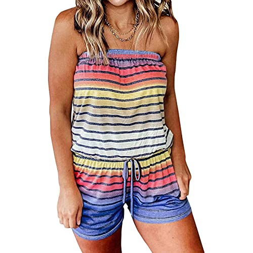 SSYUNO Women's Casual Off Shoulder Romper One Piece Colorful Stripes Strapless Tube Top Short Jumpsuits Playsuit with Pockets, Multicolor, X-Large