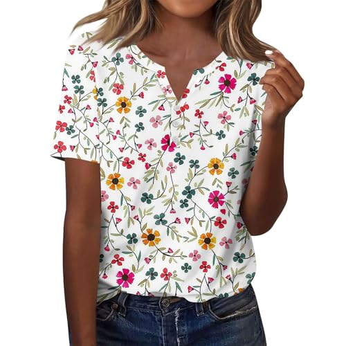 Image of HSUAYEUD V Neck Tops for Women Floral V-Neck Button Down T Shirts for Women Casual Shirts Graphic Tees Summer Tops Hot Pink Small