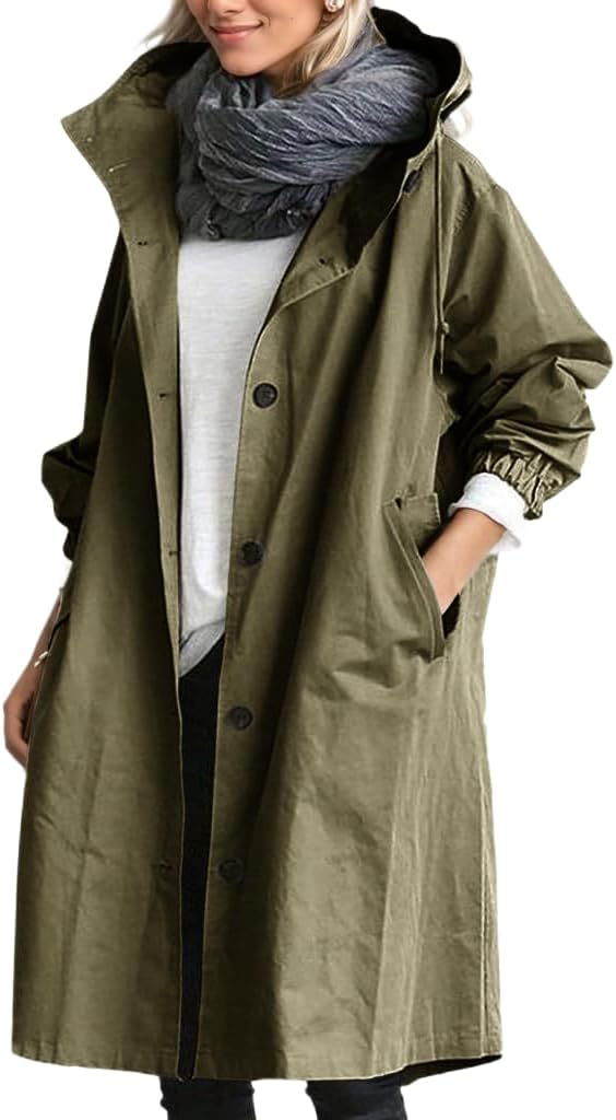 TIAFORD Women's Lightweight Button Down Hooded Trech Coat Oversized Casual Windbreaker Long Jackets with Pockets