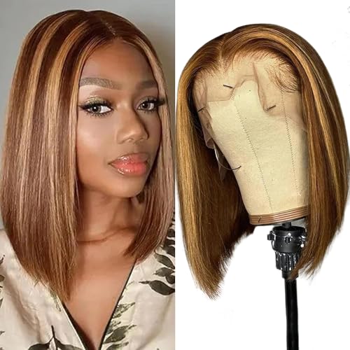 TNICE Bob Wigs Human Hair Straight Wig 13x4 Lace Front 12 inch Blonde #4/27