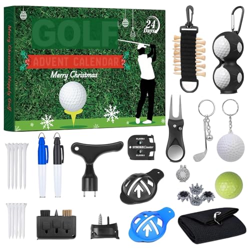 Calendario de Adviento 2025, calendario de cuenta regresiva de Navidad para golfistas con pelotas de golf, camisetas y marcadores de bola, regalo sorpresa de Navidad para él, 24 cajas