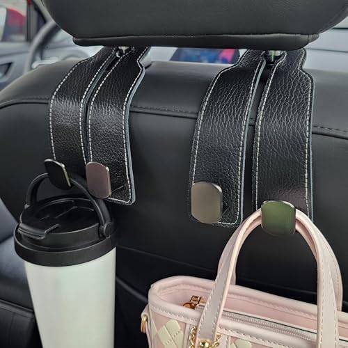 ALEACAR 2 Pack Car Seat Back Storage Hooks - Headrest Hooks for Purses and Bags, Leather (Black)