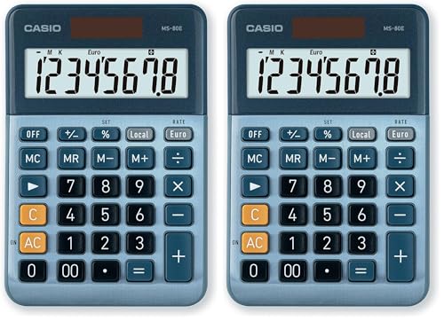 Casio MS-80E - Calculadora de Escritorio con Pantalla Extra-Grande de 8 dígitos, con energía Solar/batería, con cálculo avanzado de Porcentaje, conversión de Moneda en Euros, Azul (Paquete de 2)