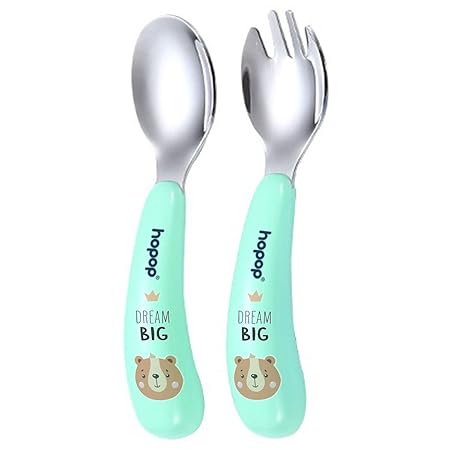 Hopop Stainless Steel Baby Feeding Spoon and Fork Set | Baby Cutlery Set | Spoon & Fork Set with Travel Case for Kids | Self Feeding Spoon & Fork Set | BPA Free | Green