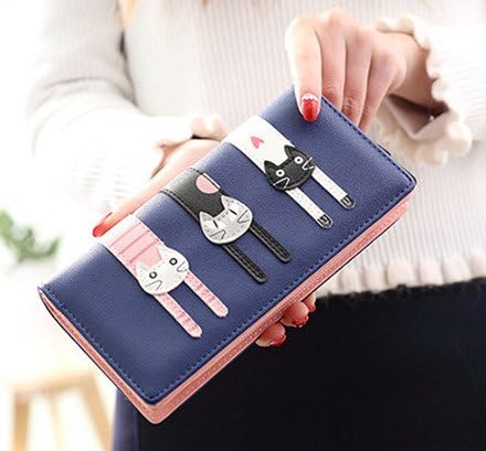 Amazon Co Jp 長財布 ネコ飾り 二つ折り長財布 ジッパー小銭入れあり 1枚写真入れ かわいい プレゼント 紺色 1点 シューズ バッグ