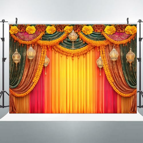 Image of India Pooja Backdrop, Puja Ganpati Pooja Traditional Mehndi Festival Party Decorations, Diwali India Wedding India Ceremony Bridal Shower Photography Background Wall Decor Props Banner 7X5FT