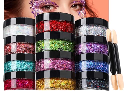 Teenitor Face Glitter Makeup Glitter, 12 Colors Face and Body Glitter Gel for Festival Makeup, Gel Hair Glitter for Face, Body, Hair, Total 120g/4.23oz