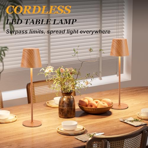 Image of Kakanuo Cordless Table Lamp Rechargeable - Wood Grain 2 Pack 5000mAH Battery Operated Lamp for Counter, 3 Color Stepless Dimming Wireless Lamp for Dining Kitchen, Outdoor Patio, Touch Control