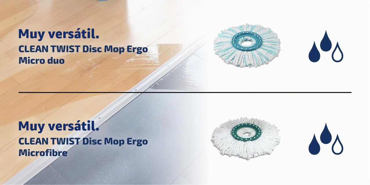 Leifheit Set de fregona Rotatoria Clean Twist Disc Mop Ergo Mobile 2.0 con Ruedas, fregona giratoria & Ersatzkopf Mop Juego de 2 Cabezales de Repuesto para Disco, Fibra icro, Blanco