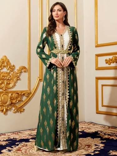 Middle Eastern Modest Maxi Dress - Muslim Moroccan Kaftan Abaya for Women Gold Embroidered Eid Dress Islamic Traditional Wear2