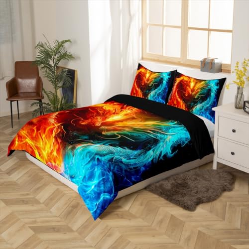 Loussiesd Kids Dragon Duvet Cover Double Size Ice Fire Dragon Bedding Set Wild Animal Comforter Cover Set Couple Wildlife Bedspread Cover Yellow and Blue Quilt Set including 2 Pillow Case 3PCS - Image 3