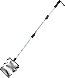 Wilitto Pala de arena para gatos con goma antideslizante para interiores y limpieza de metal, mango largo ajustable, borde dentado, fácil limpieza, resistente al óxido, color negro, L