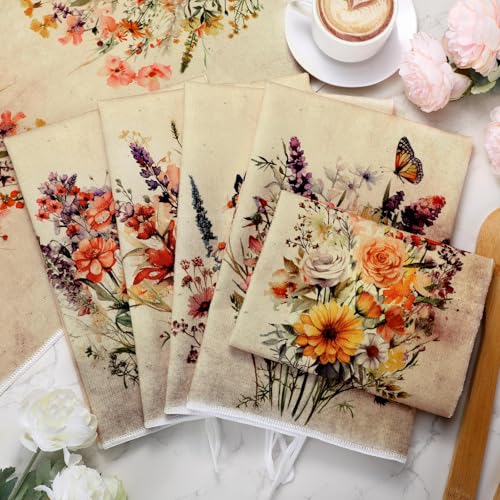 Image of Bencailor 6 Pcs Wildflowers Kitchen Towels Decorative Sets Dish Towels Absorbent Fast Drying Hand Tea Vintage Hanging Reusable Cleaning Dishcloths for Cooking Farmhouse Bathroom Accessory